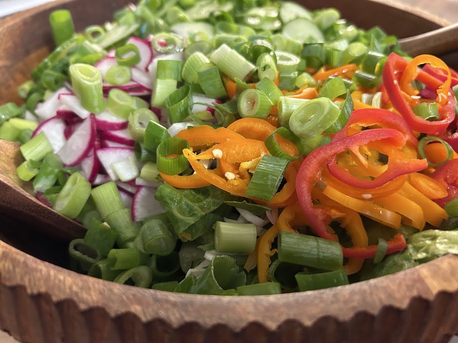 All week salad with coleslaw mix, romaine, peppers, radishes, and green onions