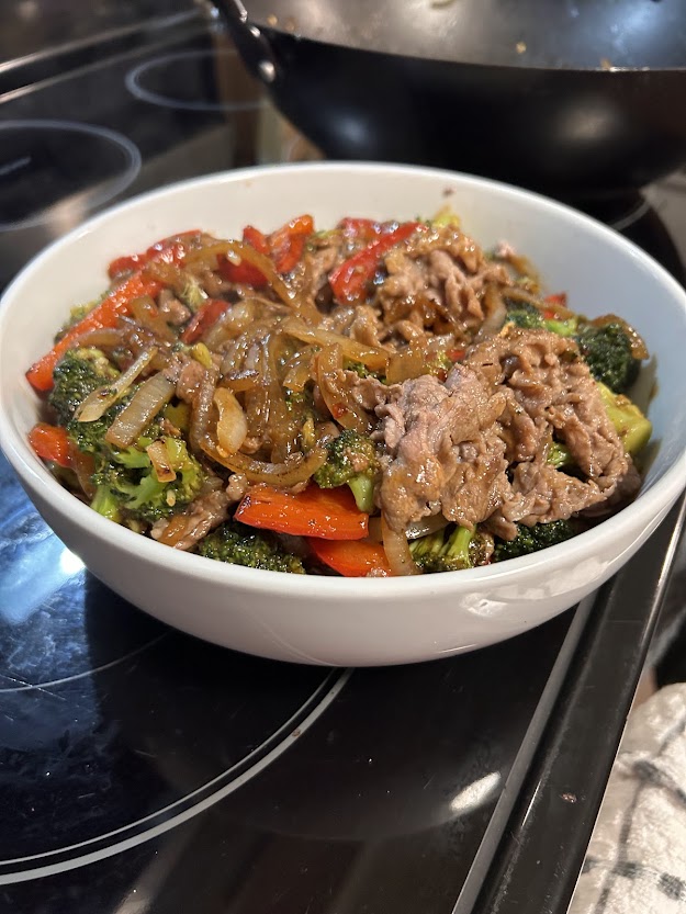Beef and broccoli stir fry with sticky sweet and spicy glaze