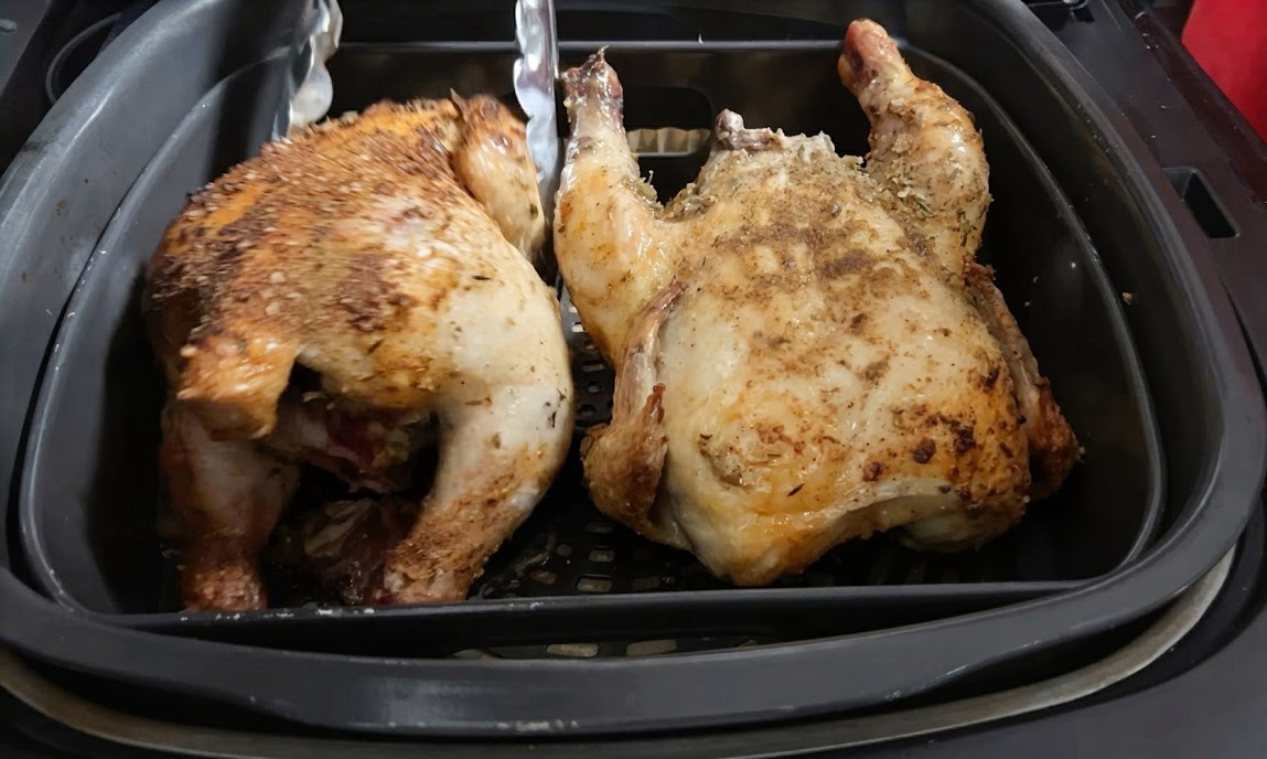 Flipped Cornish hens in the air fryer