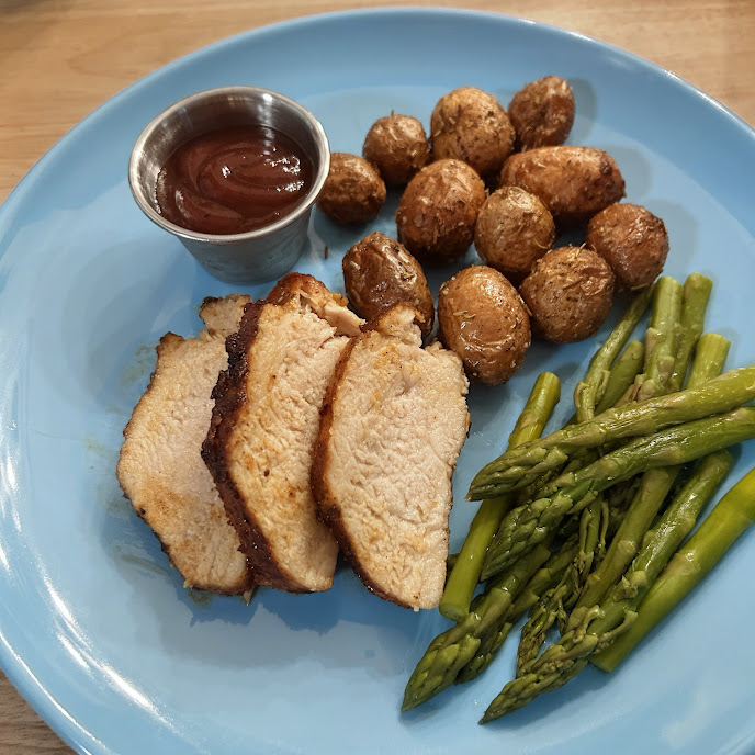 Air fried BBQ pork tenderloin with potatoes